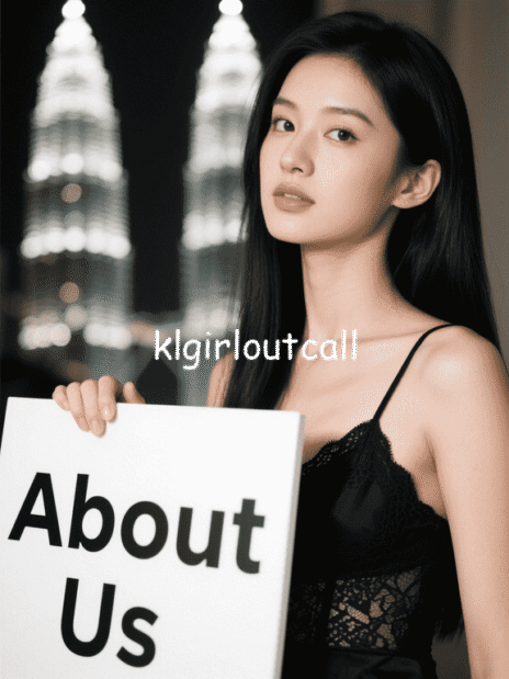Woman in black dress holding an "About Us" sign with city lights in the background