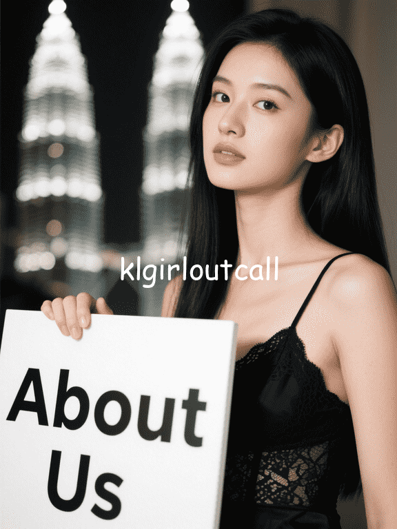 Woman in black dress holding an "About Us" sign with city lights in the background